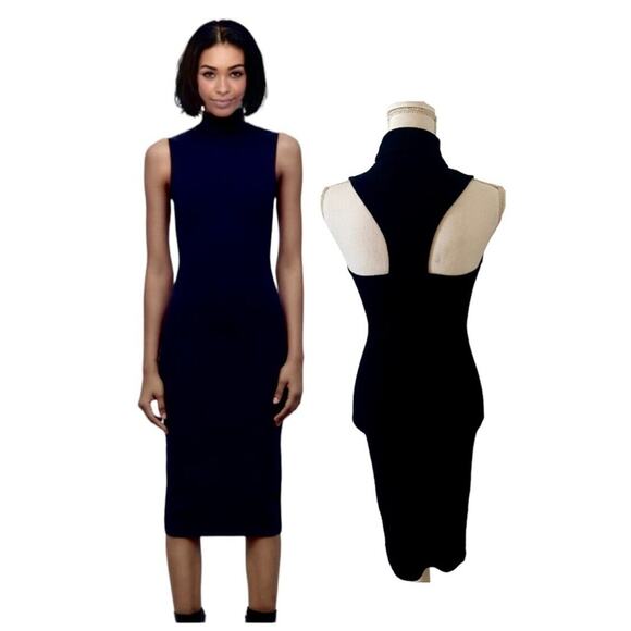 Black Mock Turtle Neck Sexy Ribbed Bodycon Sleeveless Cut Out Back Dress Small - Picture 1 of 12